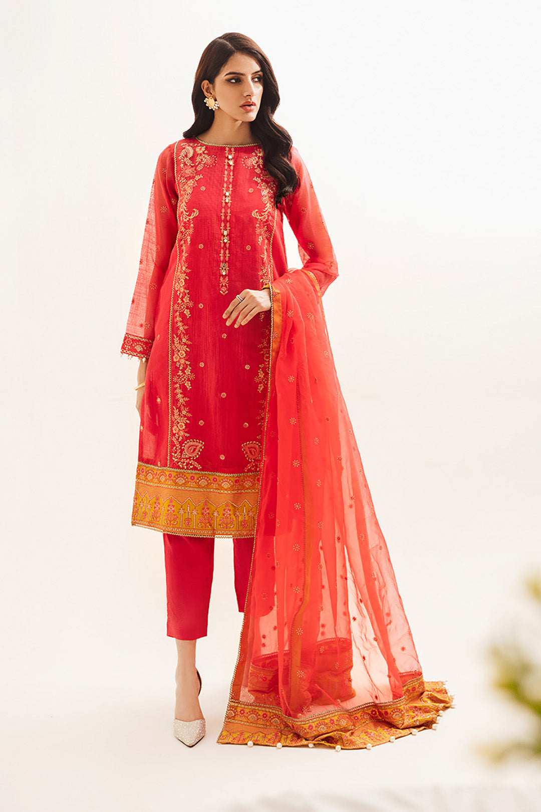 Zellbury | Unstitched 3 Piece Organza | Embroidered Shirt Shalwar Dupatta - 0303 - Designer Dress with Intricate embroidery and embellishments. Shop elegent wedding dress at Maria Faisal.