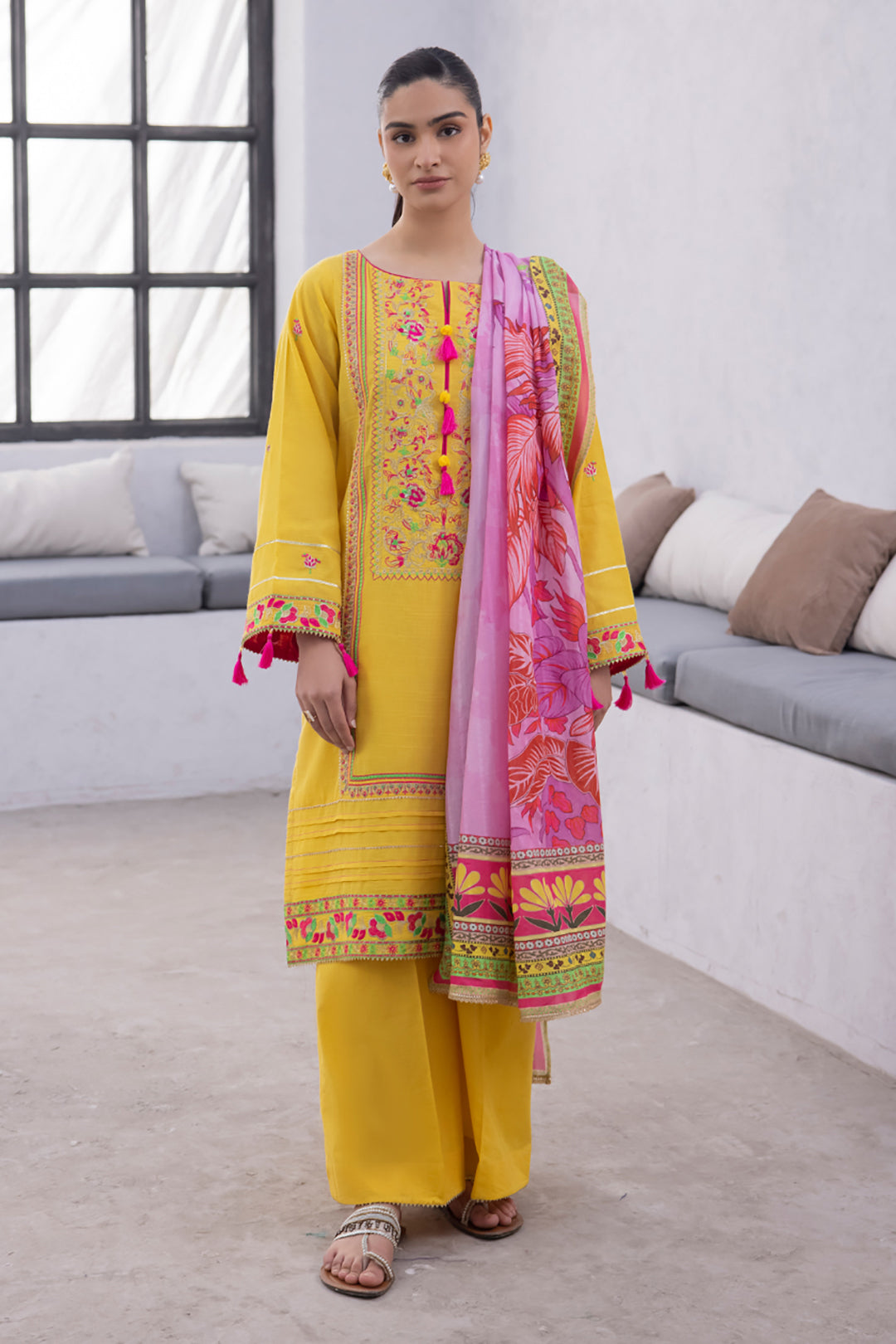 Zellbury | Unstitched 3 Piece Yellow | Embroidered Shirt Shalwar Dupatta - 1126 - Designer Dress with Intricate embroidery and embellishments. Shop elegent wedding dress at Maria Faisal.