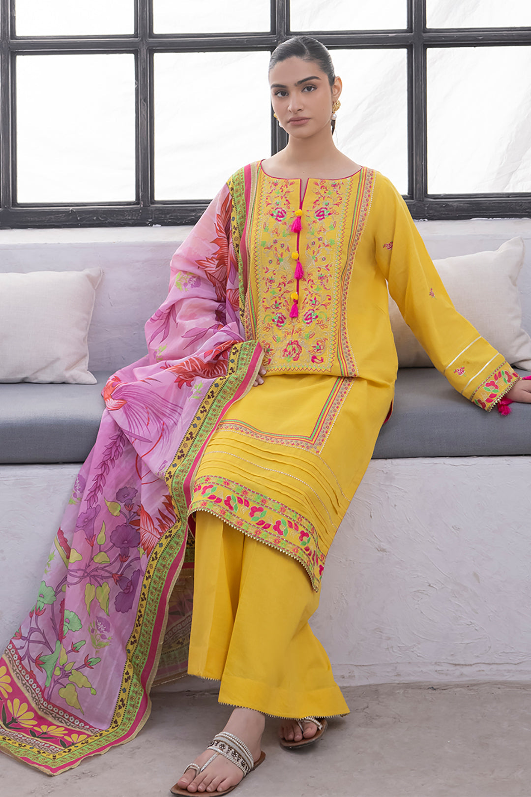 Zellbury | Unstitched 3 Piece Yellow | Embroidered Shirt Shalwar Dupatta - 1126 - Designer Dress with Intricate embroidery and embellishments. Shop elegent wedding dress at Maria Faisal.