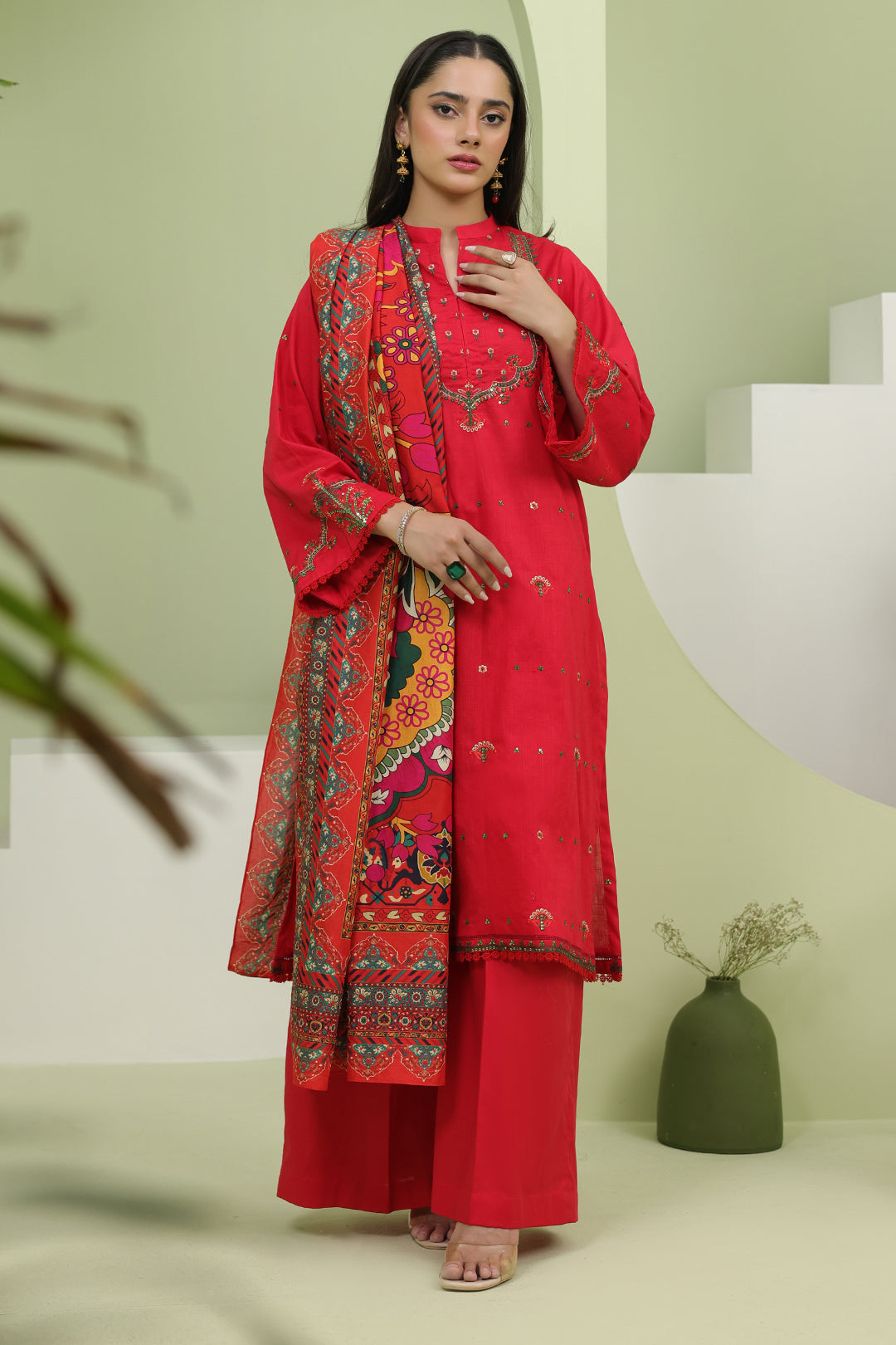 Zellbury | Unstitched 3 Piece Slub | Embroidered Shirt Shalwar Dupatta - 1272 - Designer Dress with Intricate embroidery and embellishments. Shop elegent wedding dress at Maria Faisal.