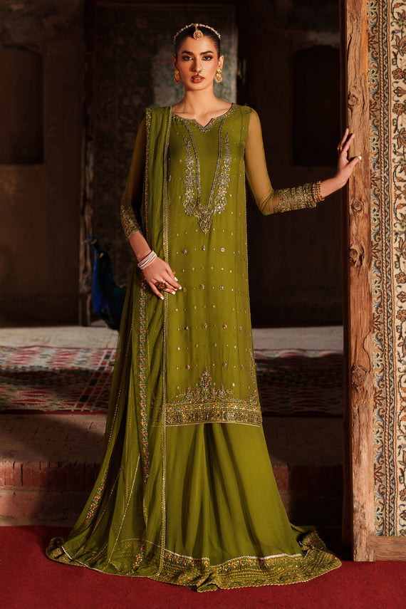 Olive Green Embroidered Crinkle Chiffon Shirt with Sharara - Naqshi | Kiraz Chiffon Collection | Anza