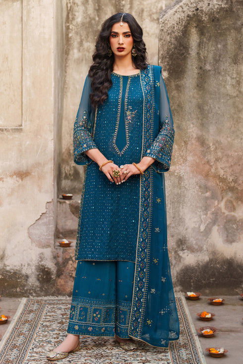 Zinc Embroidered Crinkle Chiffon Shirt with Plazo - Naqshi | Kiraz Chiffon Collection | Aroosa