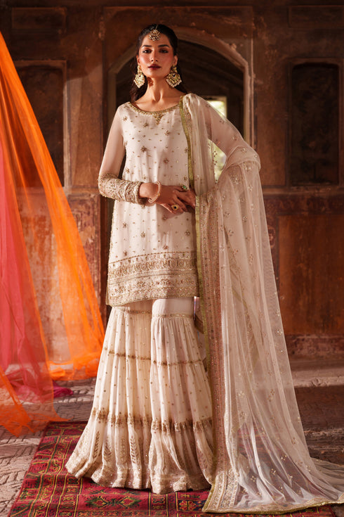 Off White Embroidered Crinkle Chiffon Short Shirt with Gharara - Naqshi | Kiraz Chiffon Collection | Umaima
