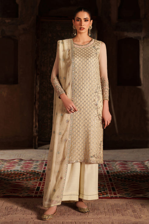 Beige Embroidered Crinkle Chiffon LONG SHIRT WITH TROUSER - Naqshi | Kiraz Chiffon Collection | Adeena