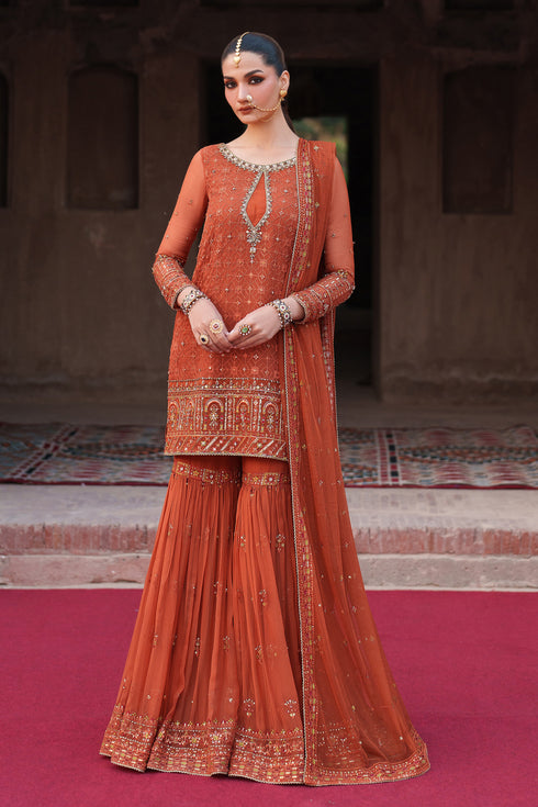 Rust Embroidered Crinkle Chiffon Short Shirt with Gharara - Naqshi | Kiraz Chiffon Collection | Tehzeen