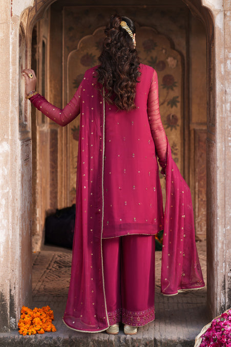Dark Pink Embroidered Crinkle Chiffon Short Shirt with Plazo - Naqshi | Kiraz Chiffon Collection | Zardoz