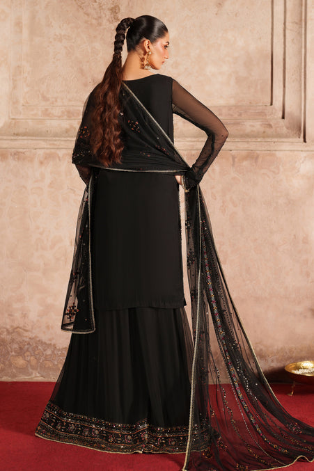Black Embroidered Crinkle Chiffon Shirt with Sharara - Naqshi | Kiraz Chiffon Collection | Hunaira