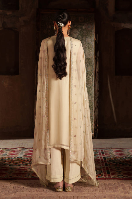 Beige Embroidered Crinkle Chiffon LONG SHIRT WITH TROUSER - Naqshi | Kiraz Chiffon Collection | Adeena
