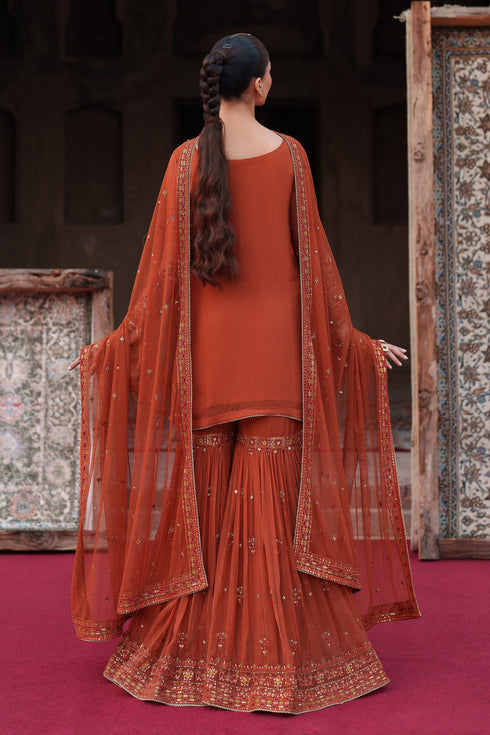 Rust Embroidered Crinkle Chiffon Short Shirt with Gharara - Naqshi | Kiraz Chiffon Collection | Tehzeen