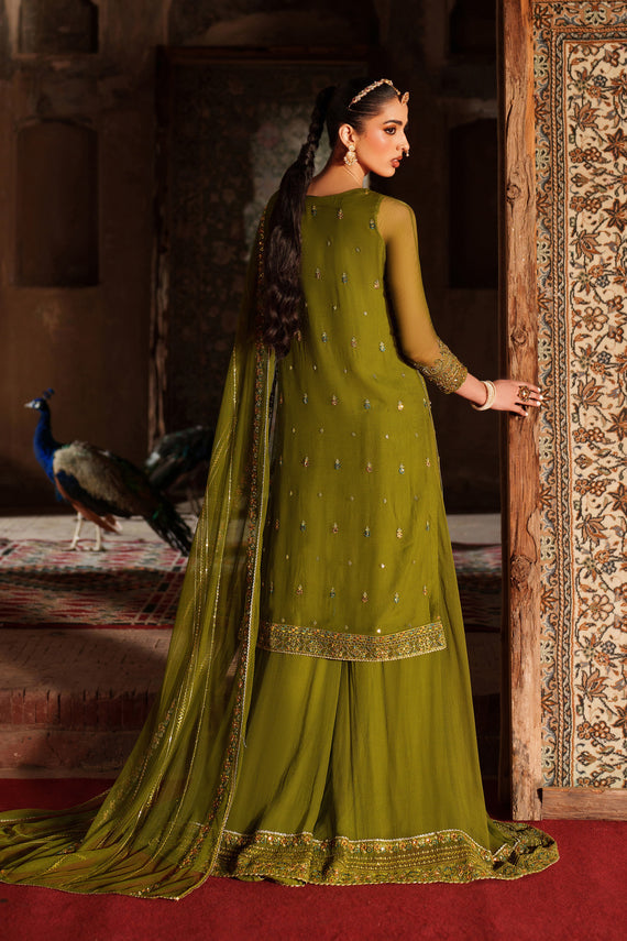 Olive Green Embroidered Crinkle Chiffon Shirt with Sharara - Naqshi | Kiraz Chiffon Collection | Anza