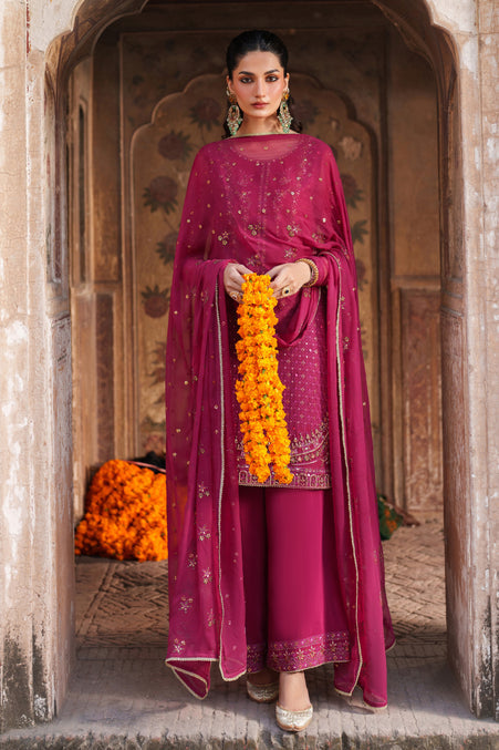 Dark Pink Embroidered Crinkle Chiffon Short Shirt with Plazo - Naqshi | Kiraz Chiffon Collection | Zardoz
