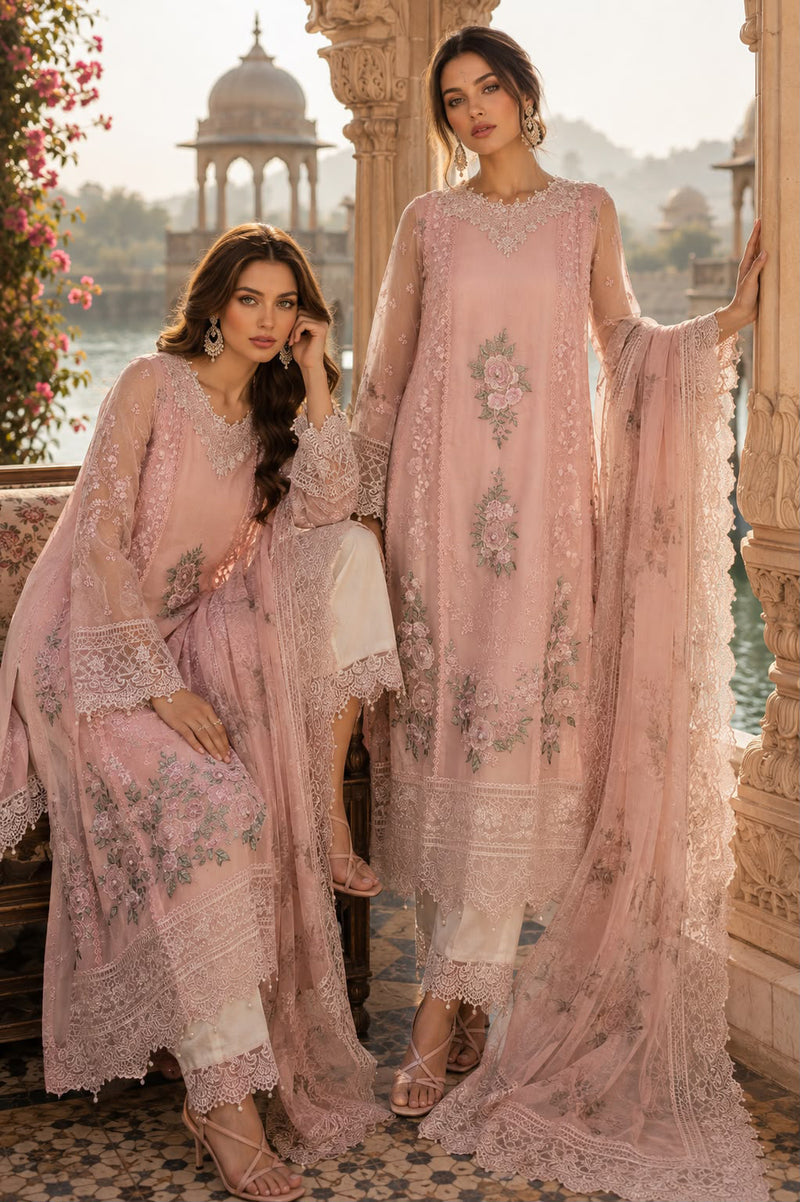 Saadia Asad | Nooriyah Luxury Chiffon | D2 - Satin Rose - Formal Dress - available at Maria Faisal in UK and USA.