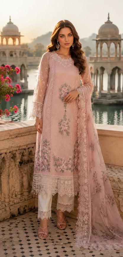 Saadia Asad | Nooriyah Luxury Chiffon | D2 - Satin Rose - Formal Dress - available at Maria Faisal in UK and USA.