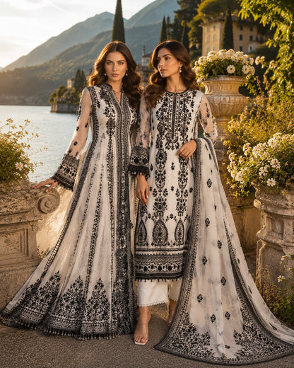 Saadia Asad | Nooriyah Luxury Chiffon | D4 - Monochrome Muse - Formal Dress - available at Maria Faisal in UK and USA.