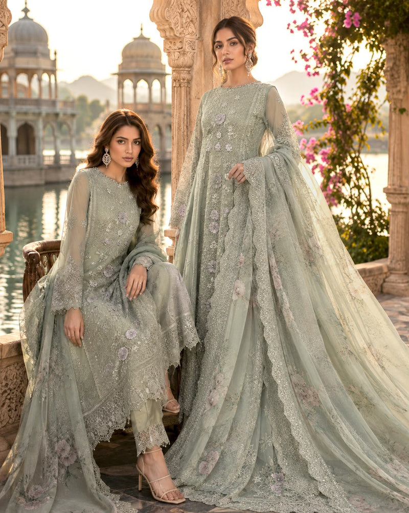 Saadia Asad | Nooriyah Luxury Chiffon | D1 - Pistachio Mist - Formal Dress - available at Maria Faisal in UK and USA.