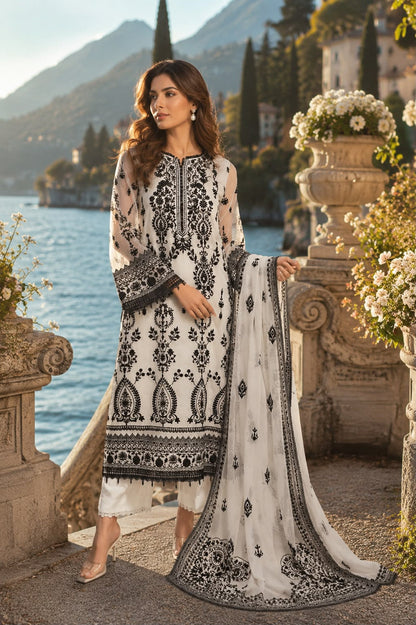 Saadia Asad | Nooriyah Luxury Chiffon | D4 - Monochrome Muse - Formal Dress - available at Maria Faisal in UK and USA.