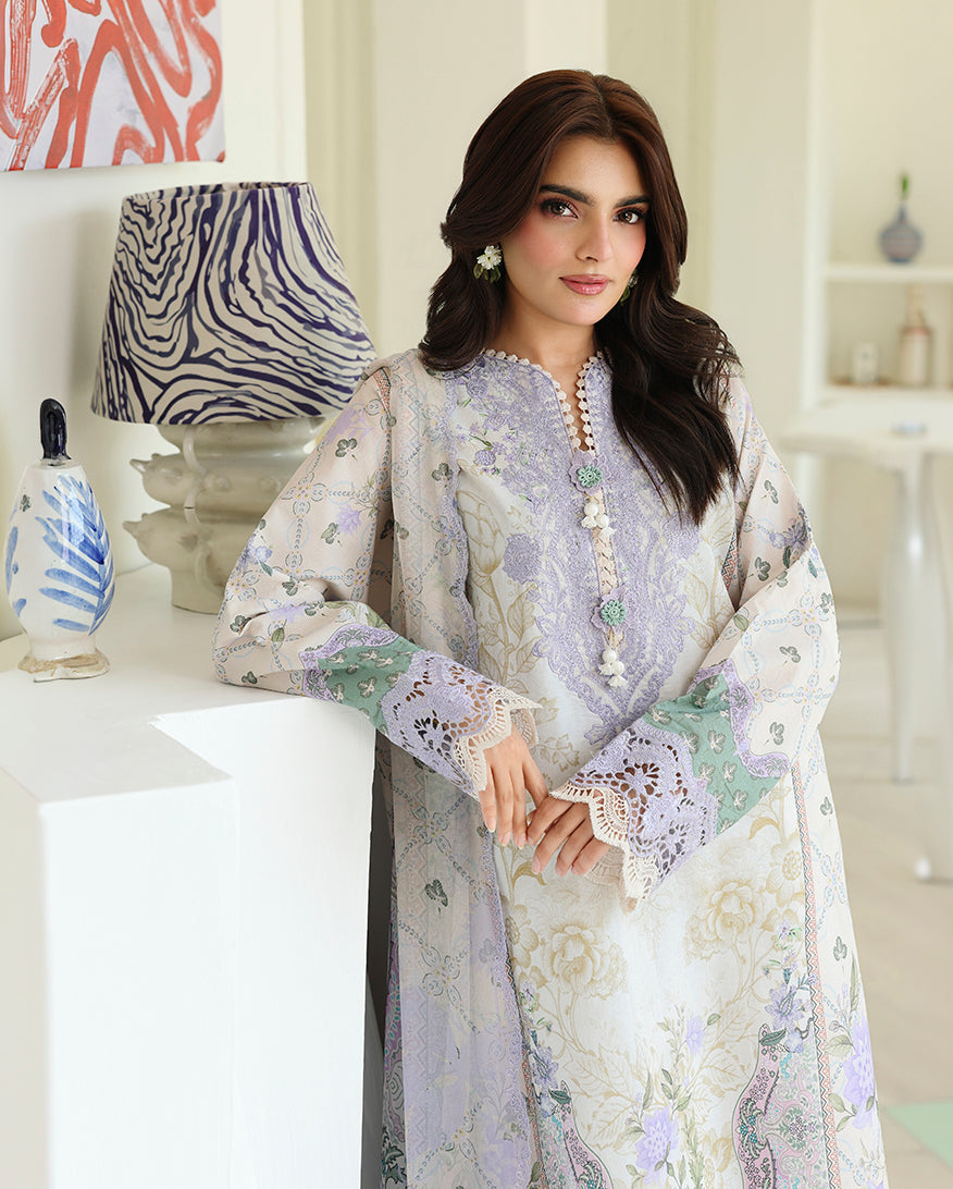 Roheenaz | Petals in Print | White Camellia - Casual Dress - available at Maria Faisal in UK and USA.