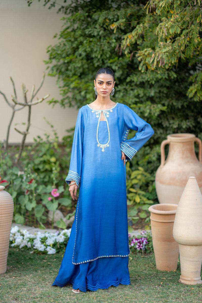 Wahaj M Khan | Pari Collection | Blue Shaded Sheesha Outfit - Ladies Clothes - Maria Faisal