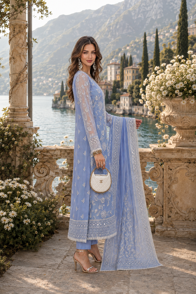 Saadia Asad | Nooriyah Luxury Chiffon | D3 - Dove Blue - Formal Dress - available at Maria Faisal in UK and USA.