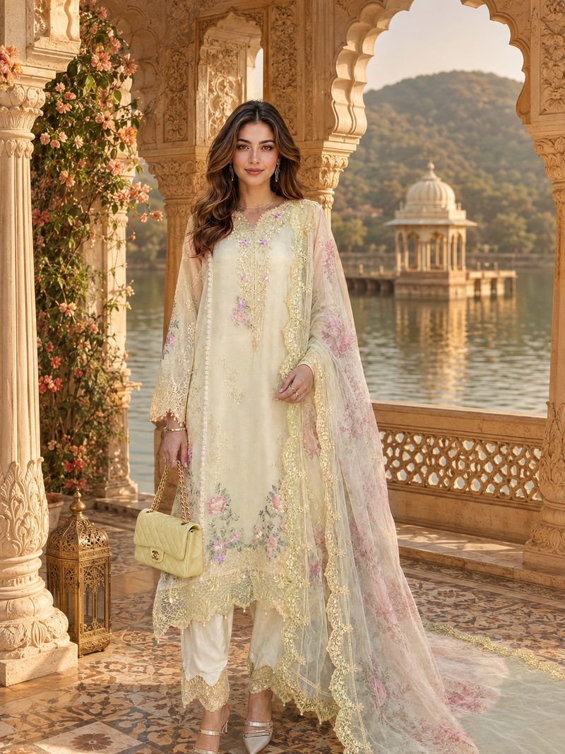 Saadia Asad | Nooriyah Luxury Chiffon | D5 - Pale Yellow - Formal Dress - available at Maria Faisal in UK and USA.