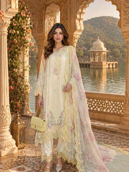 Saadia Asad | Nooriyah Luxury Chiffon | D5 - Pale Yellow - Formal Dress - available at Maria Faisal in UK and USA.