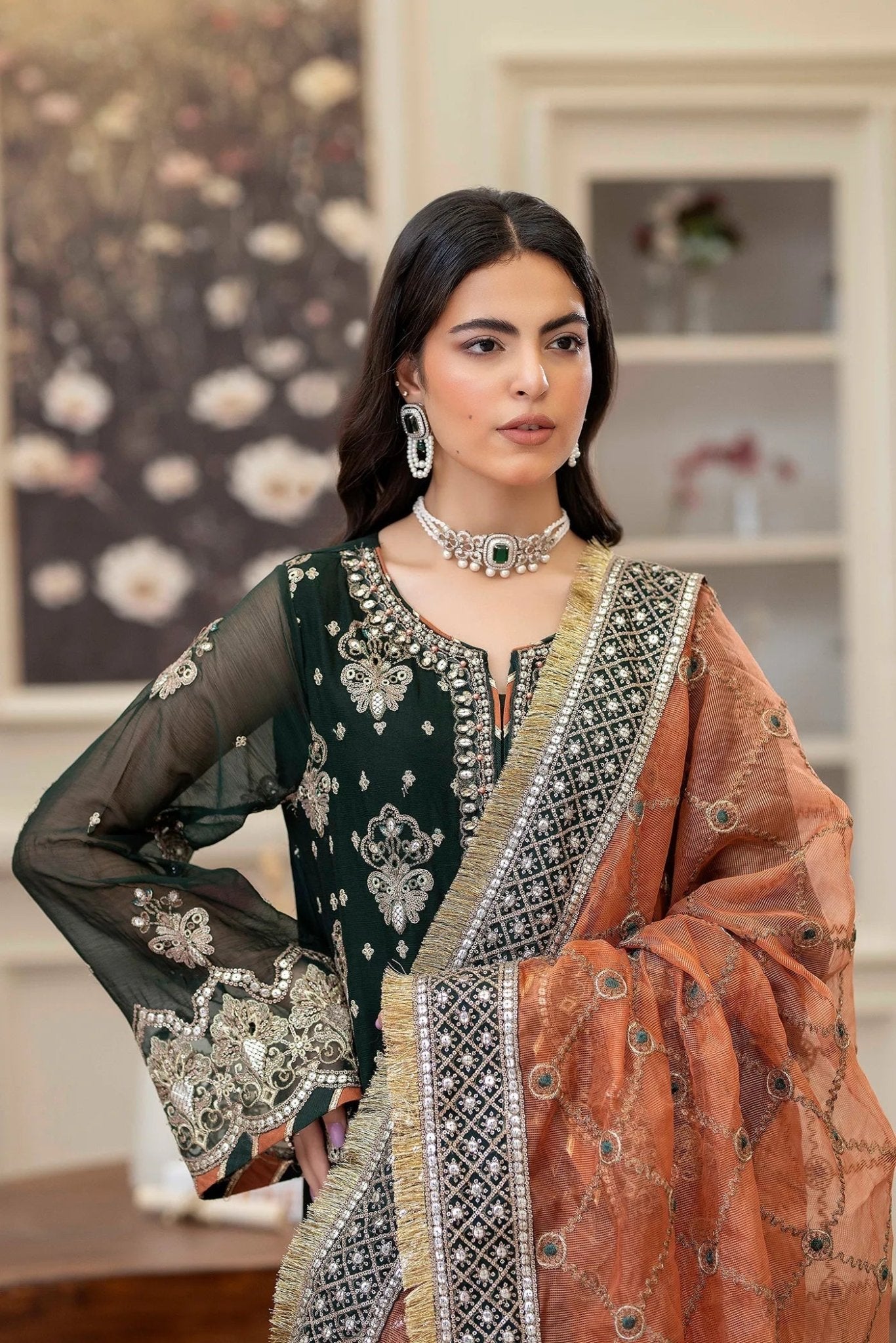 Adans Libas | Saleeqa Chiffon 25 | SALEEQA 7512 - is Bottle Green dress from Adans Libas - Ladies Clothes - Maria Faisal