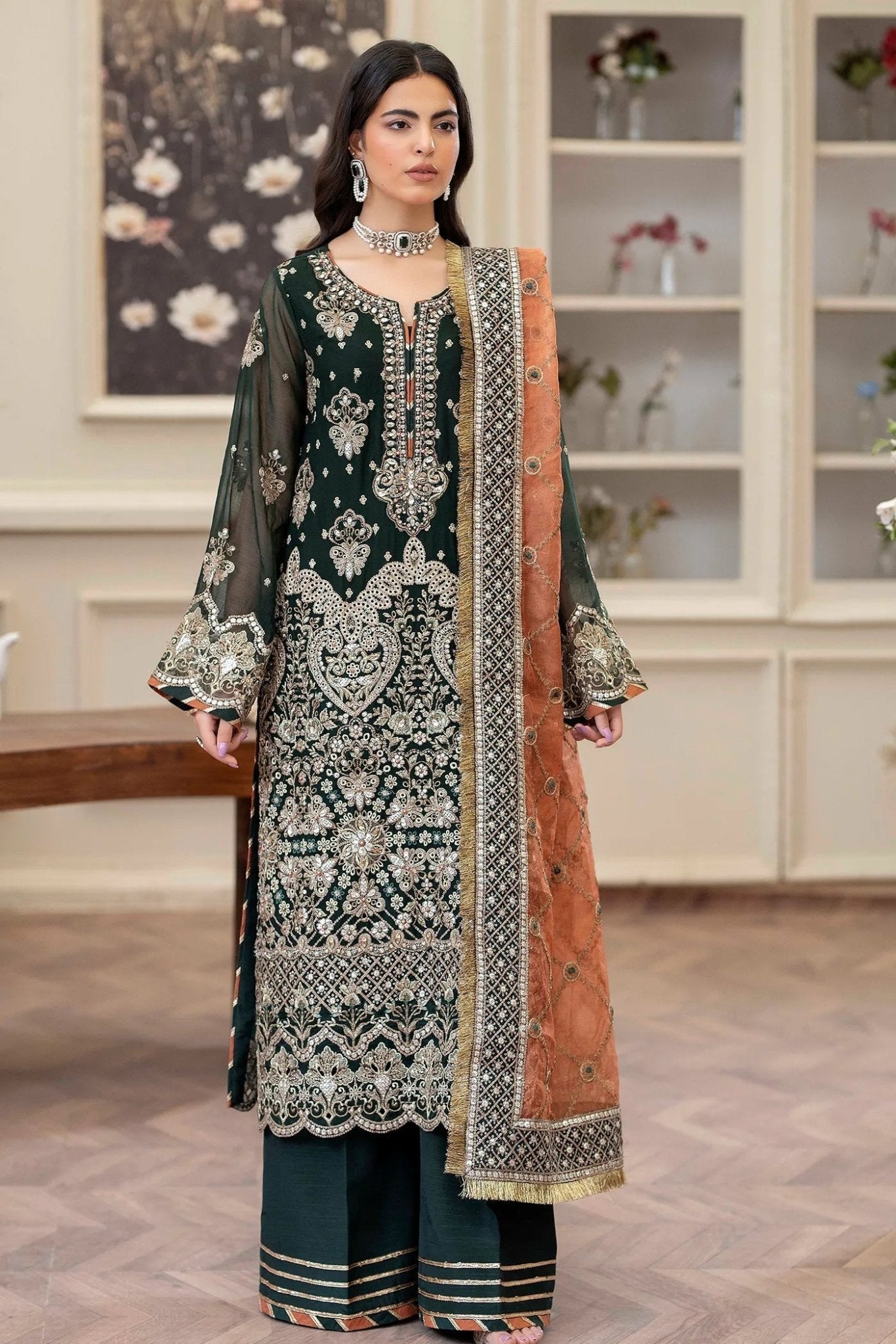 Adans Libas | Saleeqa Chiffon 25 | SALEEQA 7512 - is Bottle Green dress from Adans Libas - Ladies Clothes - Maria Faisal