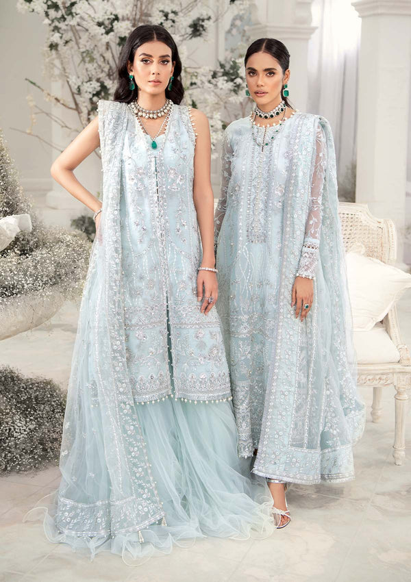 Aik Atelier Wedding Festive 22 LOOK 02 – Sky Blue Designer Dress with intricate embroidery and embellishments. Shop wedding dresses at Maria Faisal.