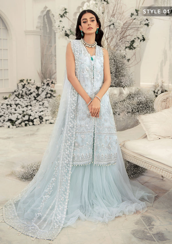 Aik Atelier Wedding Festive 22 LOOK 02 – Sky Blue Designer Dress with intricate embroidery and embellishments. Shop wedding dresses at Maria Faisal.