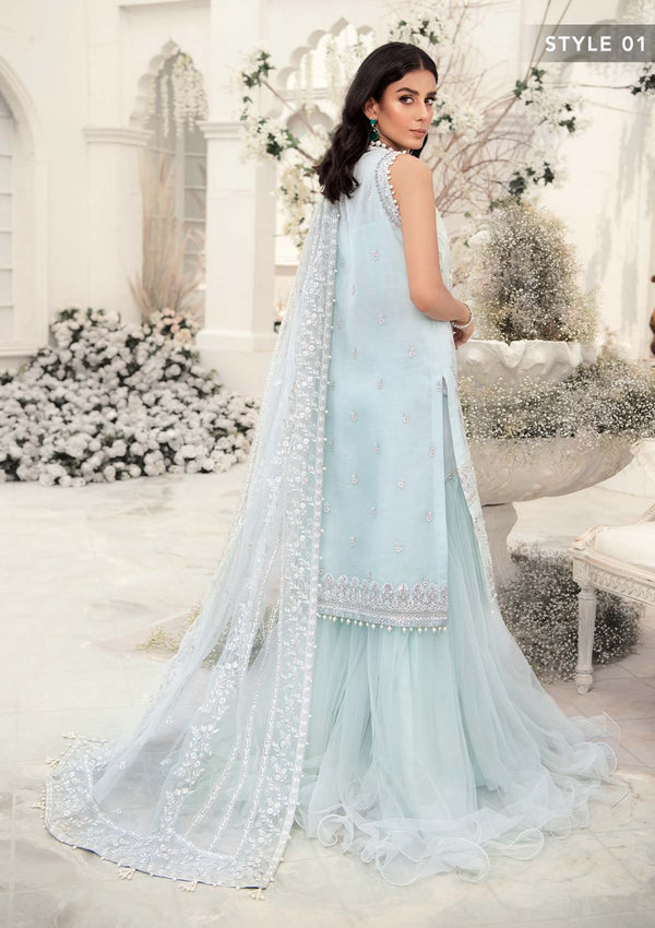 Aik Atelier Wedding Festive 22 LOOK 02 – Sky Blue Designer Dress with intricate embroidery and embellishments. Shop wedding dresses at Maria Faisal.