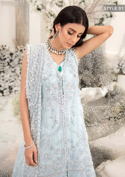 Aik Atelier Wedding Festive 22 LOOK 02 – Sky Blue Designer Dress with intricate embroidery and embellishments. Shop wedding dresses at Maria Faisal.