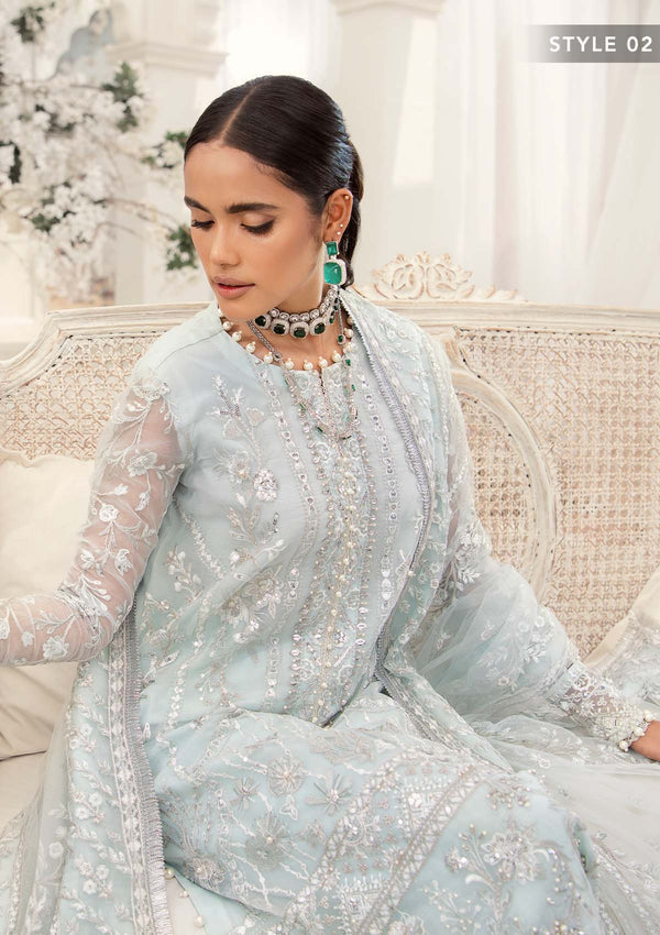 Aik Atelier Wedding Festive 22 LOOK 02 – Sky Blue Designer Dress with intricate embroidery and embellishments. Shop wedding dresses at Maria Faisal.