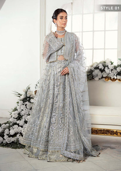 Aik Atelier Wedding Festive 22 LOOK 07 – Grey Designer Dress with intricate embroidery and embellishments. Shop wedding dresses at Maria Faisal.