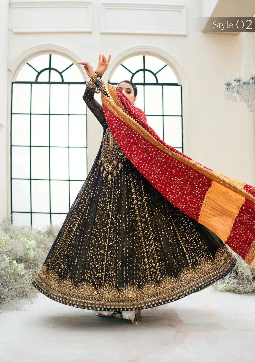 Aik Atelier Wedding Festive 23 LOOK 01 – Black Designer Dress with intricate embroidery and embellishments. Shop elegant Asian dresses at Maria Faisal.