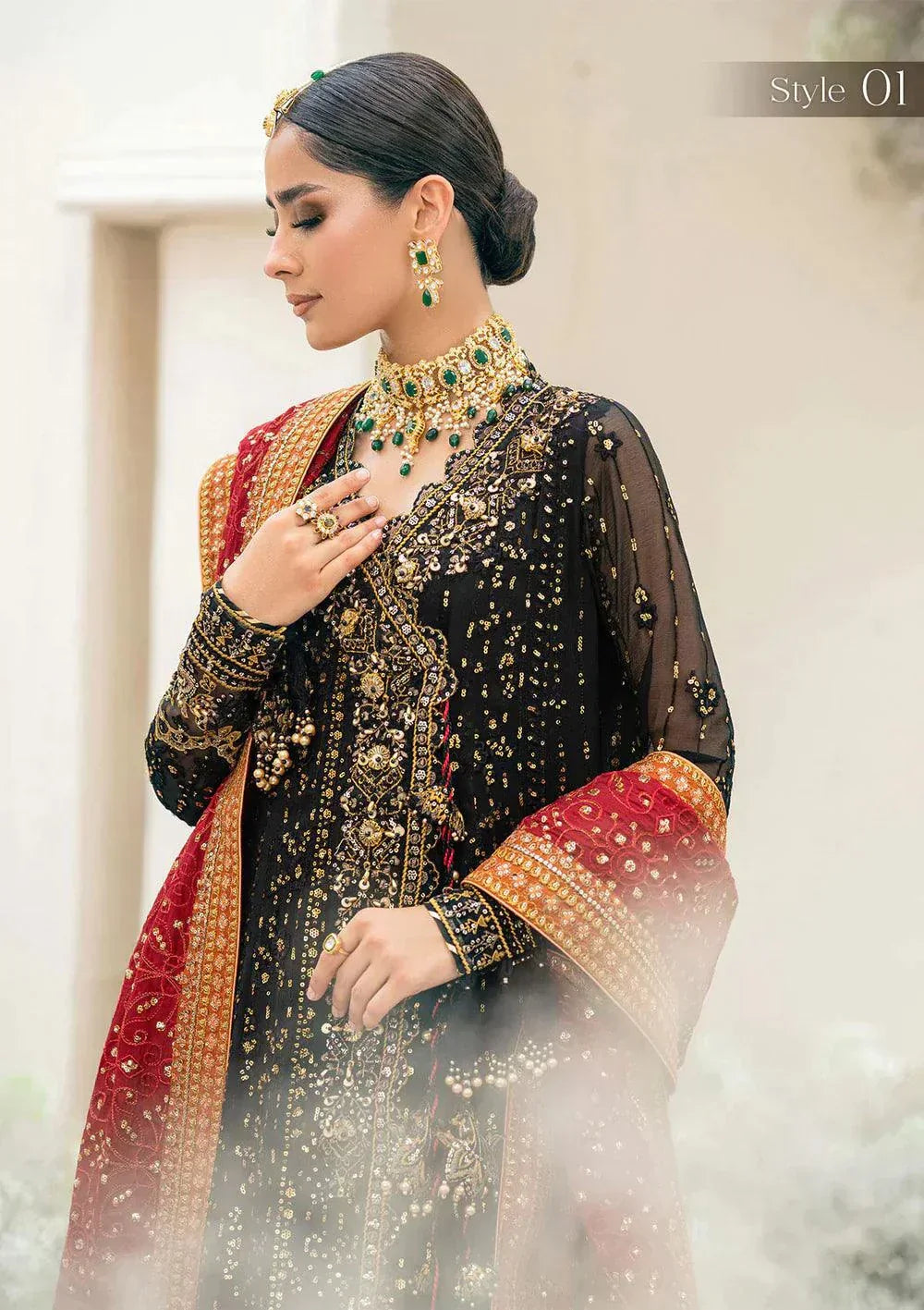 Aik Atelier Wedding Festive 23 LOOK 01 – Black Designer Dress with intricate embroidery and embellishments. Shop elegant Asian dresses at Maria Faisal.