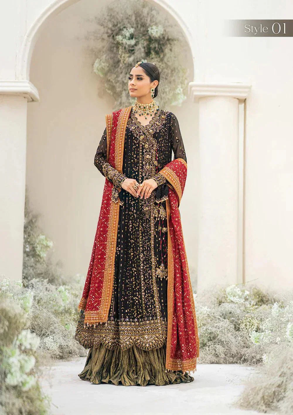 Aik Atelier Wedding Festive 23 LOOK 01 – Black Designer Dress with intricate embroidery and embellishments. Shop elegant Asian dresses at Maria Faisal.
