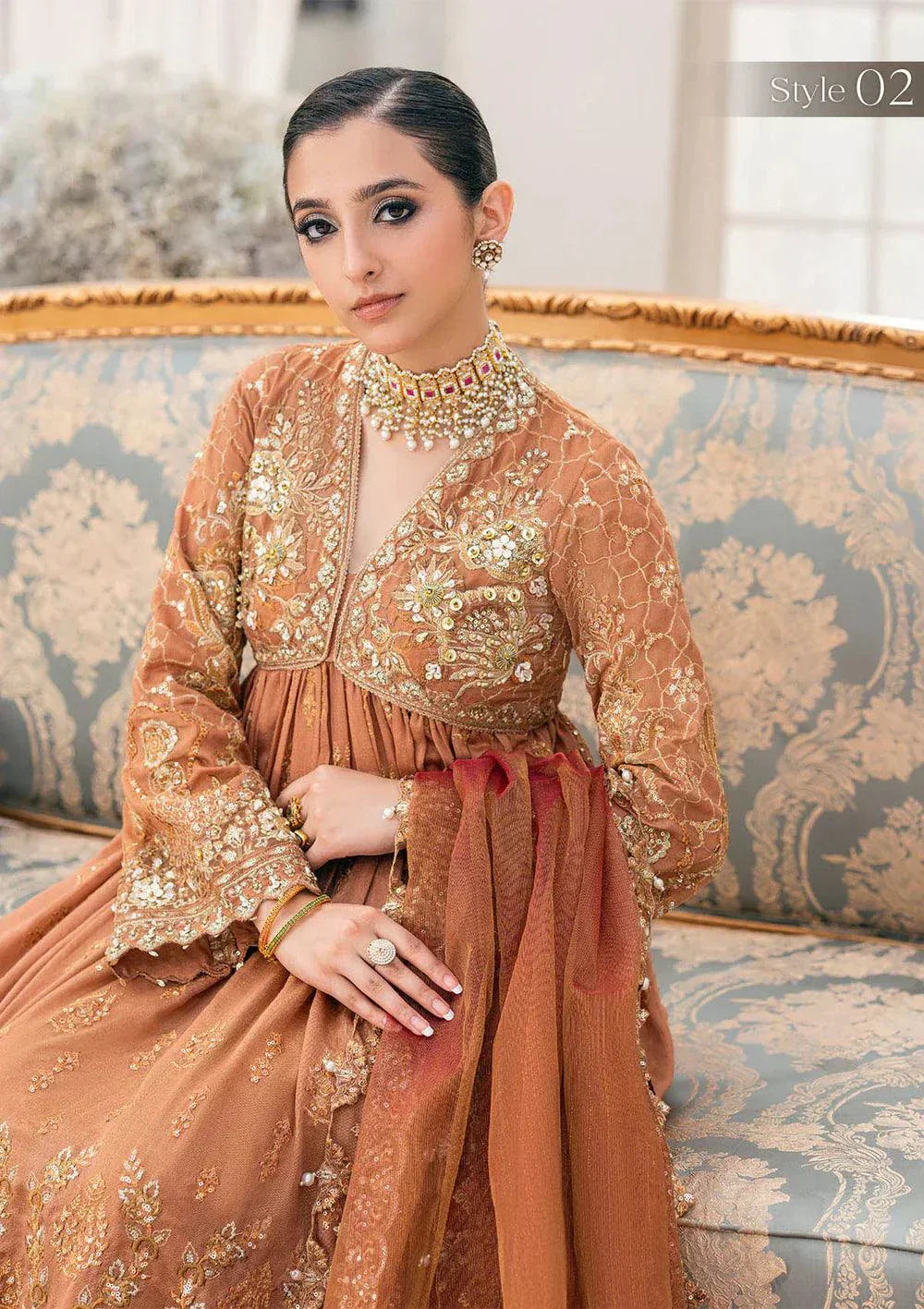 Aik Atelier Wedding Festive 23 LOOK 02 – Rust Designer Dress with intricate embroidery and embellishments. Shop elegant Wedding dress at Maria Faisal.