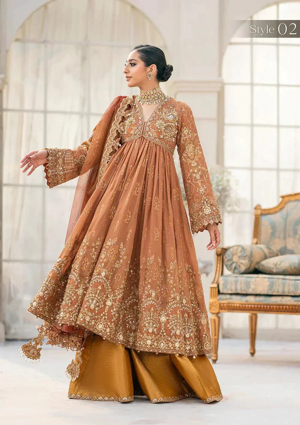 Aik Atelier Wedding Festive 23 LOOK 02 – Rust Designer Dress with intricate embroidery and embellishments. Shop elegant Wedding dress at Maria Faisal.