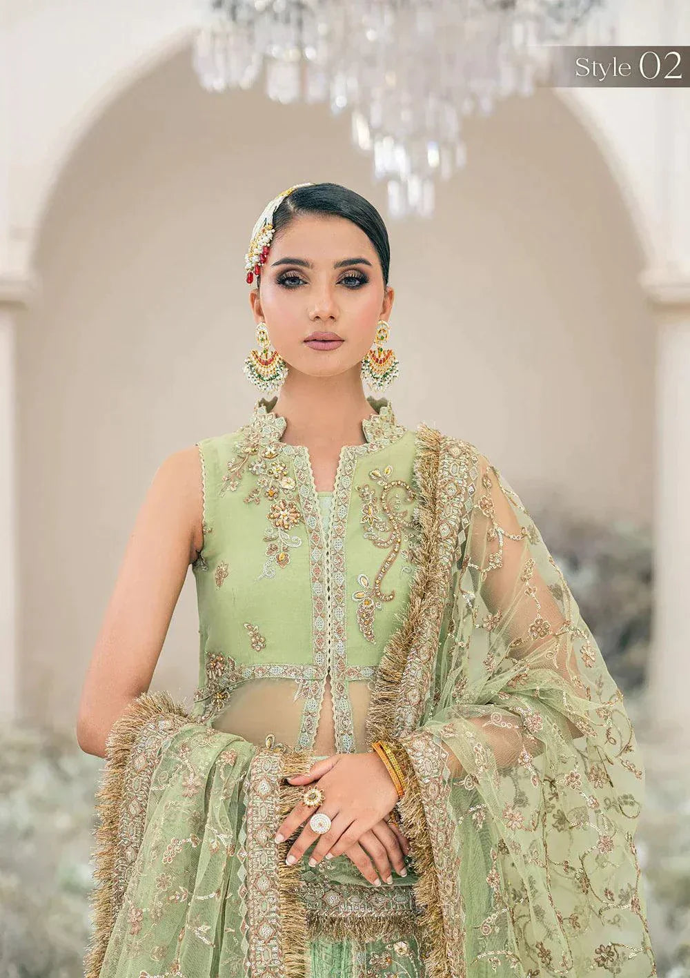Aik Atelier Wedding Festive 23 LOOK 03 – Light Green Designer Dress with intricate embroidery and embellishments. Shop elegant Wedding dress at Maria Faisal.