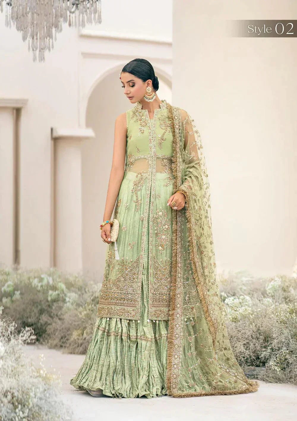 Aik Atelier Wedding Festive 23 LOOK 03 – Light Green Designer Dress with intricate embroidery and embellishments. Shop elegant Wedding dress at Maria Faisal.