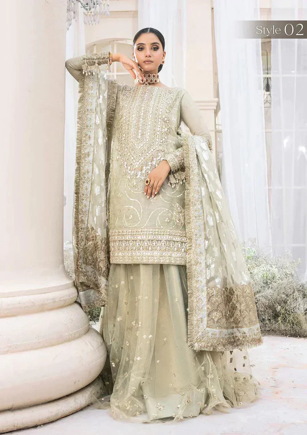 Aik Atelier Wedding Festive 23 LOOK 04 – Light Grey Designer Dress with intricate embroidery and embellishments. Shop elegant Wedding dress at Maria Faisal.