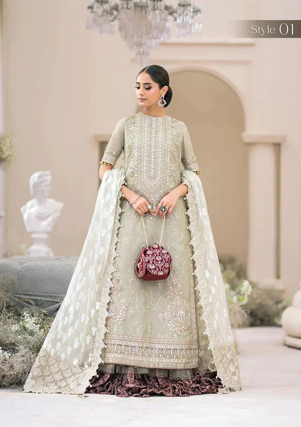Aik Atelier Wedding Festive 23 LOOK 04 – Light Grey Designer Dress with intricate embroidery and embellishments. Shop elegant Wedding dress at Maria Faisal.