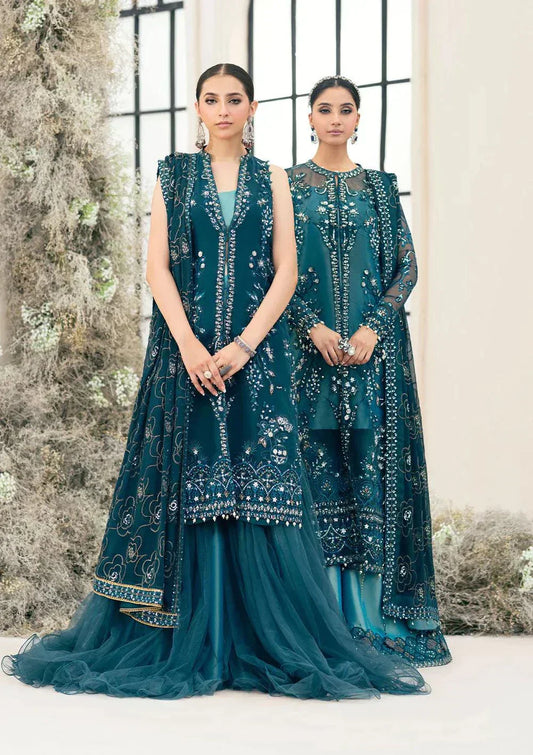 Aik Atelier Wedding Festive 23 LOOK 07 – Teal Designer Dress with intricate embroidery and embellishments. Shop elegant Wedding dress at Maria Faisal.
