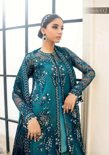 Aik Atelier Wedding Festive 23 LOOK 07 – Teal Designer Dress with intricate embroidery and embellishments. Shop elegant Wedding dress at Maria Faisal.
