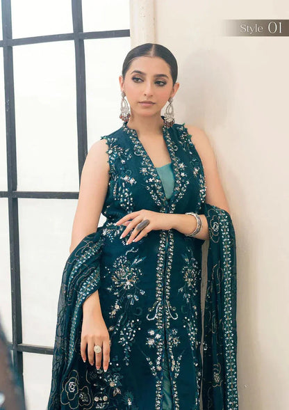 Aik Atelier Wedding Festive 23 LOOK 07 – Teal Designer Dress with intricate embroidery and embellishments. Shop elegant Wedding dress at Maria Faisal.