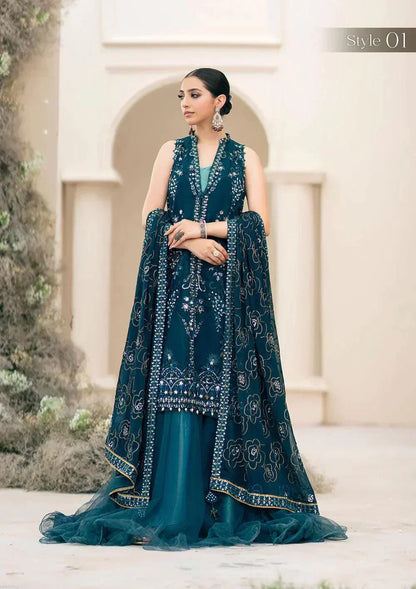 Aik Atelier Wedding Festive 23 LOOK 07 – Teal Designer Dress with intricate embroidery and embellishments. Shop elegant Wedding dress at Maria Faisal.