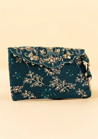 TEAL SILK ENVELOPE CLUTCH - Waniyas