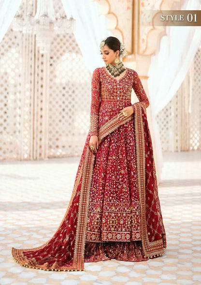 Aik Atelier Wedding Festive 24 LOOK 01 – Red Designer Dress with intricate embroidery and embellishments. Shop elegant Asian dresses at Maria Faisal.