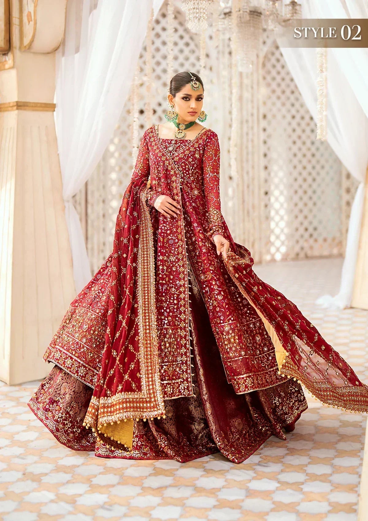 Aik Atelier Wedding Festive 24 LOOK 01 – Red Designer Dress with intricate embroidery and embellishments. Shop elegant Asian dresses at Maria Faisal.