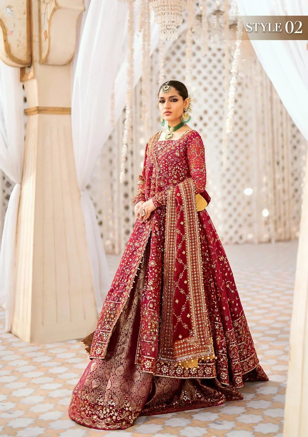 Aik Atelier Wedding Festive 24 LOOK 01 – Red Designer Dress with intricate embroidery and embellishments. Shop elegant Asian dresses at Maria Faisal.